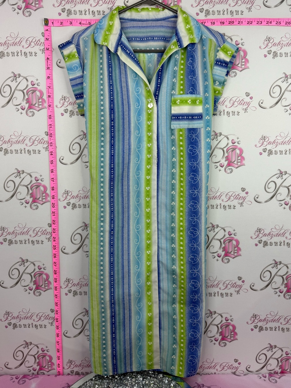 Dress vintage flower button Sleeveless Midi Shirt Dress in Blue & Green Stripes
